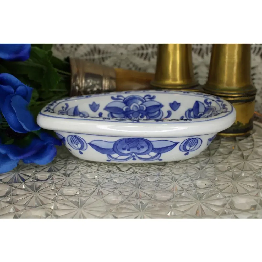 Blue Floral Bath Tub Shaped Ceramic Trinket Tray